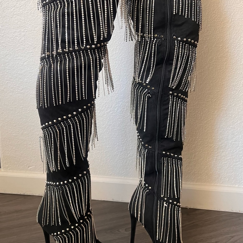 Black Over the Knee Boots with Fringe and Stiletto Heel